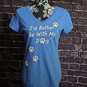 District I'd Rather Be With My Dog V-Neck Ladies Blue Dog Mom T-shirt